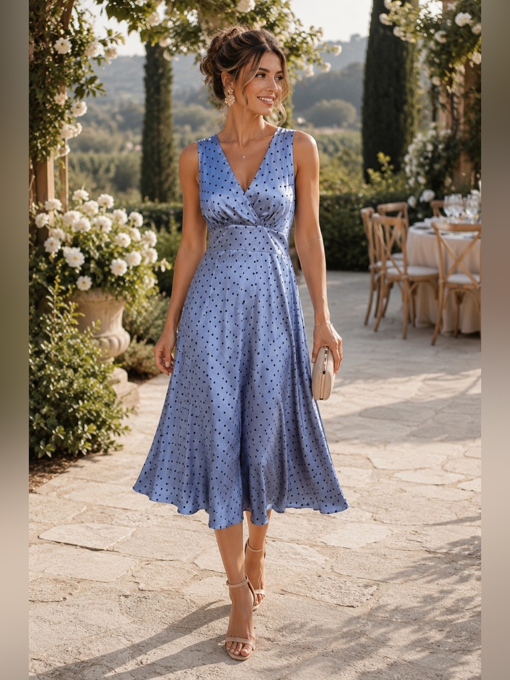 Silvian Heach Sky Blue Polka Dot Sleeveless MIDI Fit & Flare Silky Dress Medium
